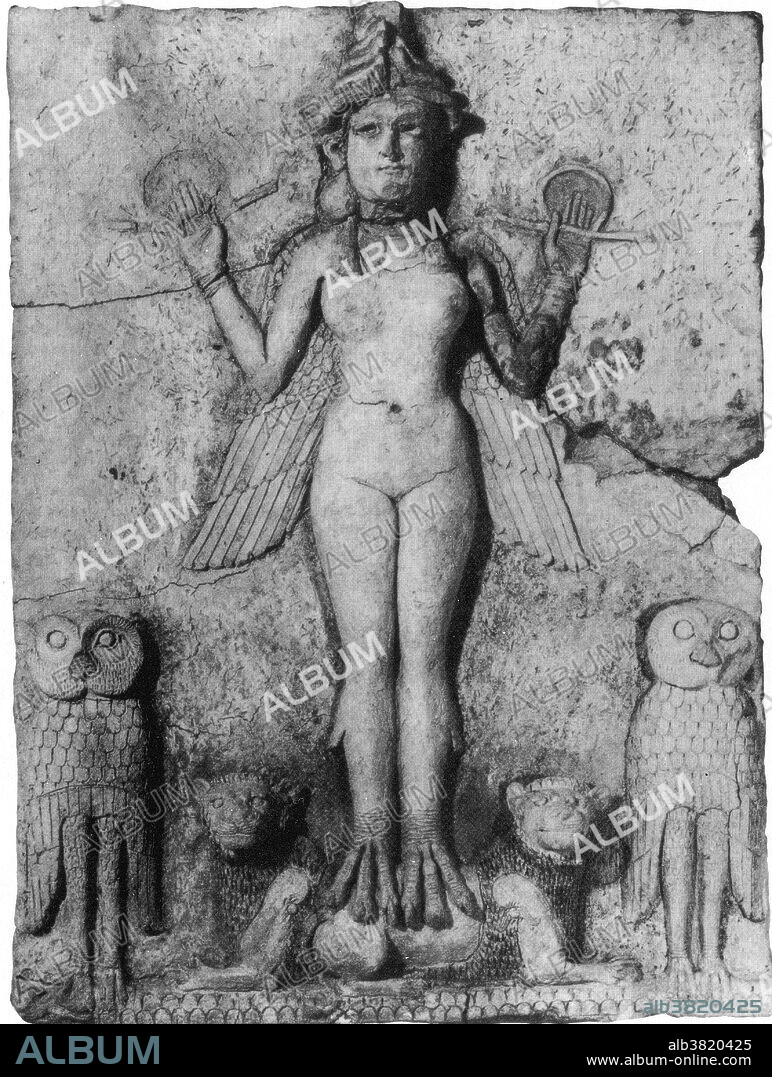 The Burney Relief (also known as the "Queen of the Night" relief) is a Mesopotamian terracotta plaque in high relief of the Old Babylonian period, depicting a winged, nude, goddess figure with bird talons, flanked by owls, and perched upon supine lions. Apart from its distinctive iconography, the piece is noted for its high relief and relatively large size, which suggests that is was used as a cult relief, which makes it a very rare survival from the period. However, whether it represents Lilith, Inanna/Ishtar, Ereshkigal, or the Sumerian female demon Lilitu is under debate. The frontal presentation of the deity is appropriate for a plaque of worship. The horned crown is the most general symbol of a deity in Mesopotamian art. Circa 1800 and 1750 BC.
