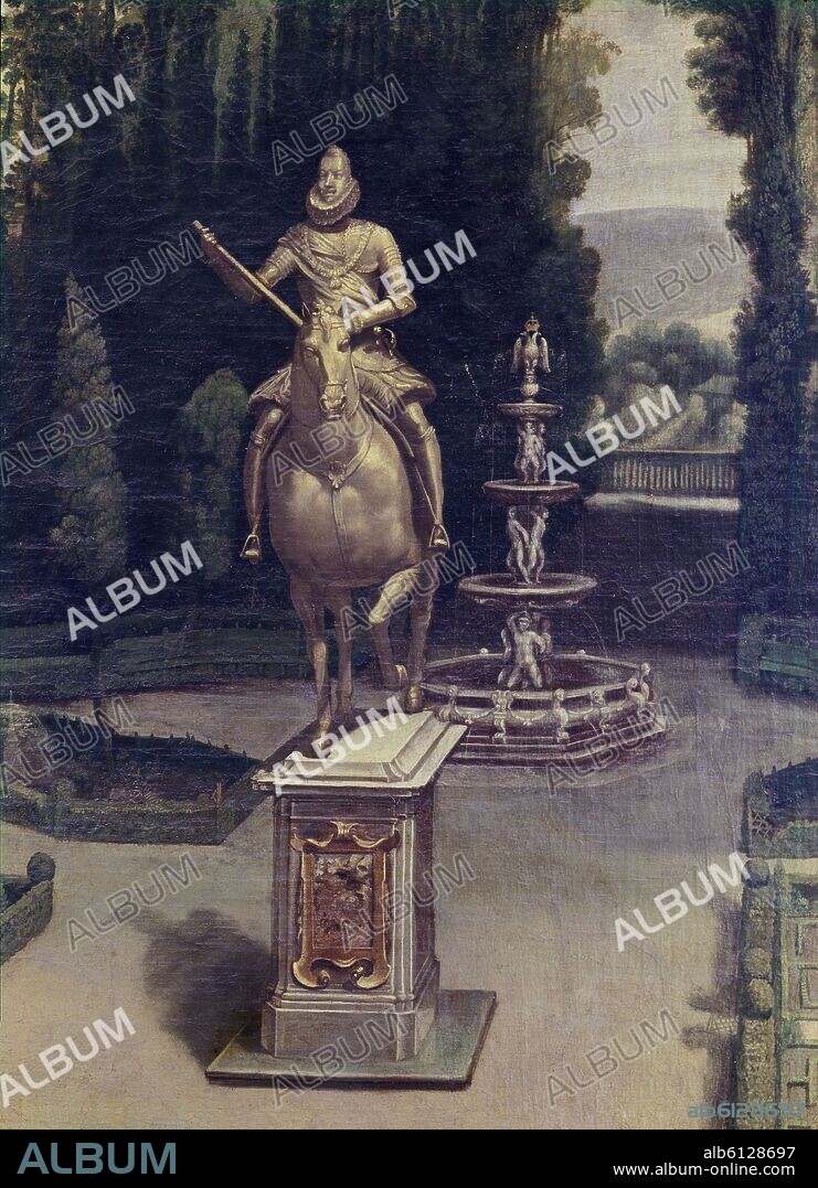 ANONIMO MADRILEÑO SIGLO XVII. 'Vista de los jardines de la Casa de Campo con la estatua de Felipe III' (detalle), hacia 1634, Óleo sobre lienzo, P01288.