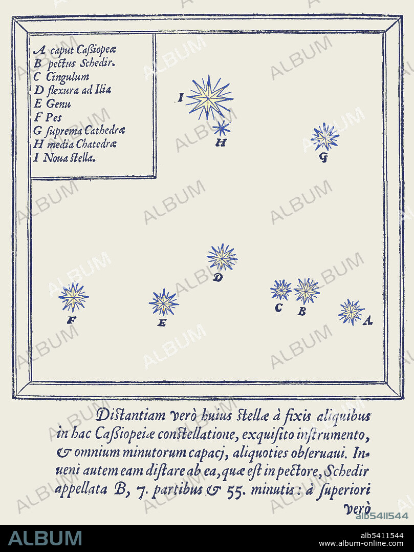 Coloured star map of the constellation Cassiopeia showing the position of the supernova of 1572; from Tycho Brahe's De nova stella. The supernova of 1572 is often called Tycho's supernova, because of his extensive work De nova et nullius aevi memoria prius visa stella. Tycho Brahe (December 14, 1546 - October 24, 1601) was a Danish astronomer and alchemist. He was the last of the major naked eye astronomers, working without telescopes for his observations, and is credited with the most accurate astronomical observations of his time. His data was used by his assistant, Johannes Kepler, to derive the laws of planetary motion.