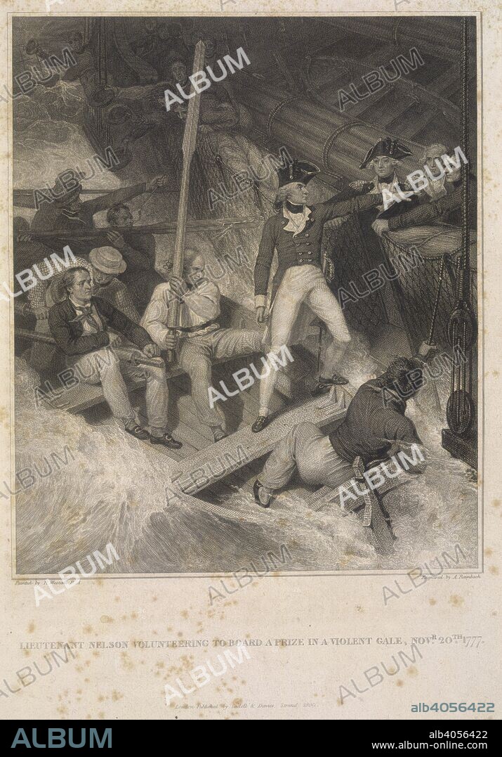 JAMES STANIER CLARKE, JOHN MACARTHUR and A RAIMBACH. Lieutenant Nelson. The Life of Admiral Lord Nelson, K.B., from his Lo. T. Cadell & W. Davies: London, 1809. Lieutenant Nelson volunteering to board a prize in a violent gale, Nov.20. 1777'. The boarding of an American privateer.  Image taken from The Life of Admiral Lord Nelson, K.B., from his Lordship's manuscripts. [With plates.]  Originally published/produced in T. Cadell & W. Davies: London, 1809. . Source: 1859.c.5 volume 1, opposite 16. Language: English.