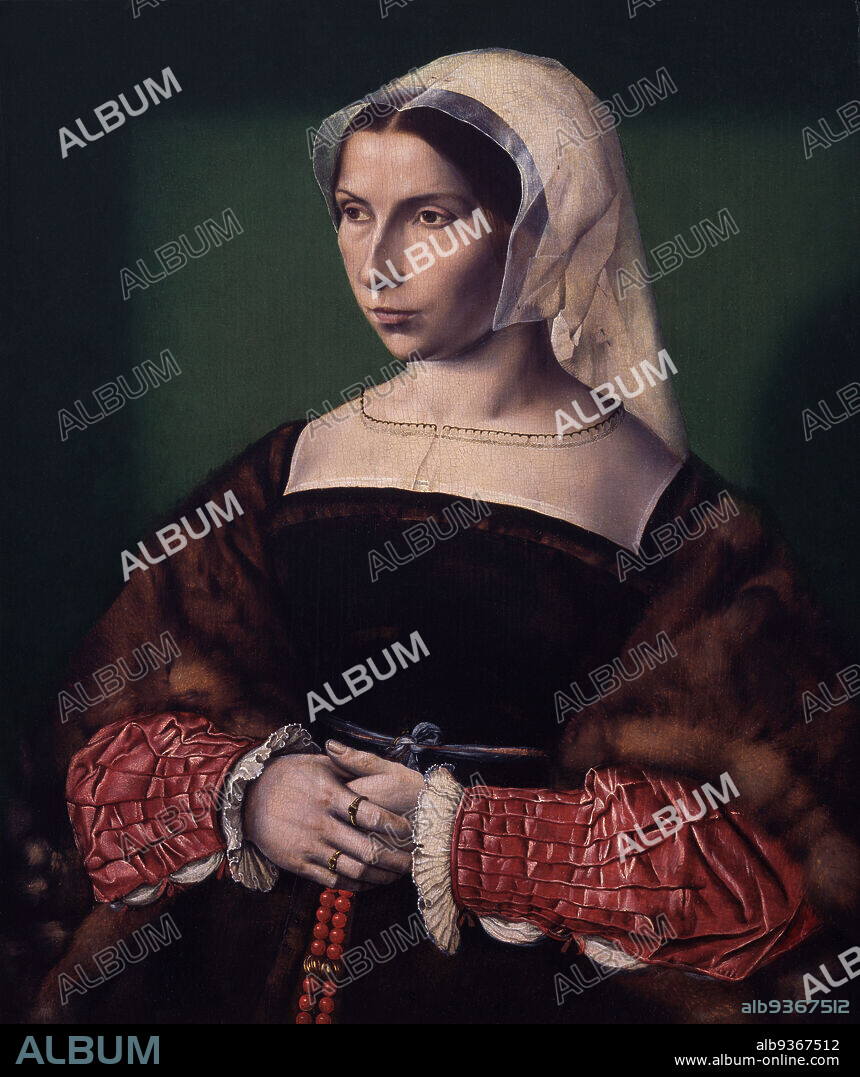 Portrait of Anne Stafford, Ambrosius Benson, Netherlandish (born Italy), c.1495before 1550, Lady Anne Stafford, English, c.1535, Oil on panel, Made in Bruges, West-Vlaanderen, Belgium, Europe, Paintings, 16 x 13 3/8 in. (40.6 x 34 cm).
