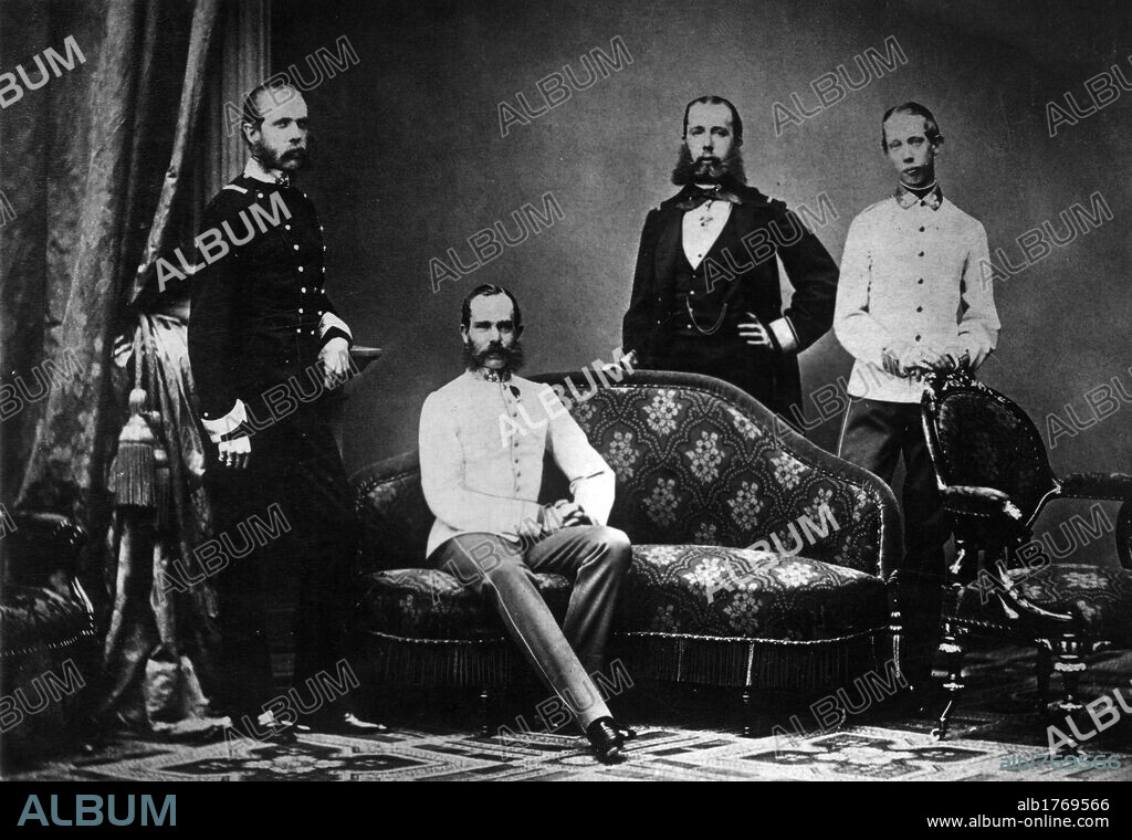 Emperor Francis Joseph I of Austria with his brothers. The Emperor Francis Joseph of Austria posing with his three brothers, the Archduke Maximilian, later Emperor of Mexico, Charles Louis and Louis Victor. 19th century.
