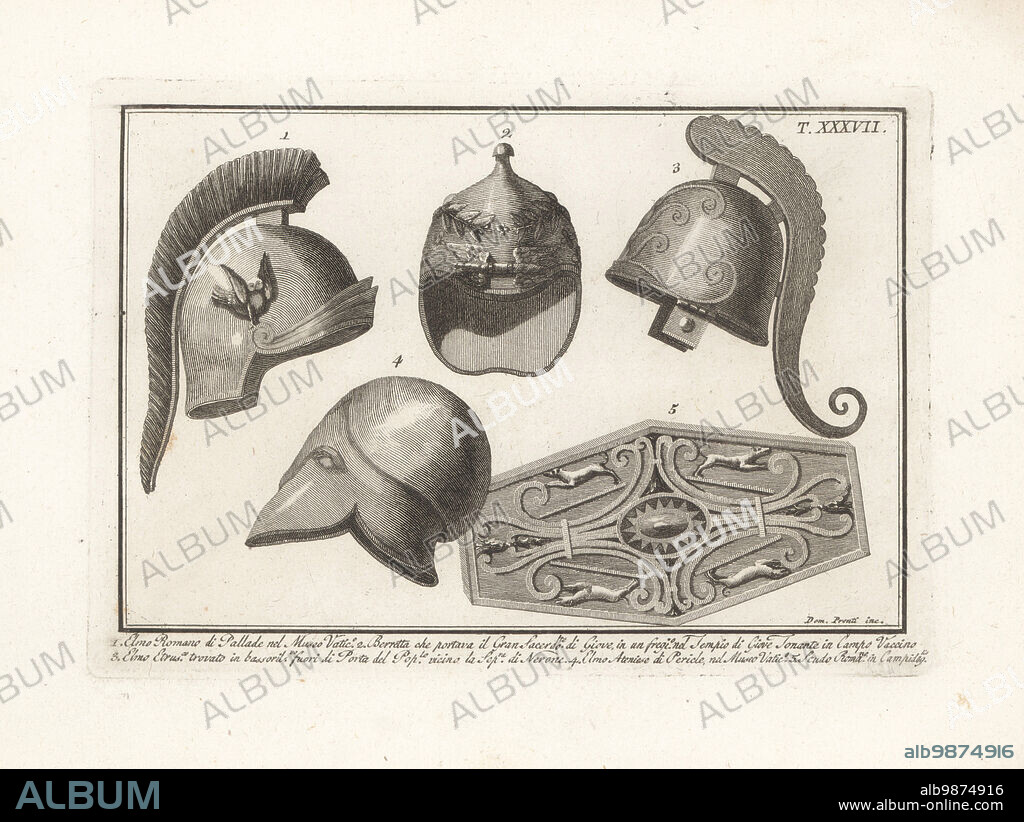 Roman Pallas helmet in the Vatican Museum 1, hat of the High Priest of Jupiter 2, Etruscan helmet in bas-relief from Porta del Popolo, 3, Athenian helmet of Pericles in the Vatican Museum 4, Roman shield or scutum in the Capitol 5. Copperplate engraving by Domenico Pronti from his own New Collection Representing Religious, Civil and Military Costumes of the Ancient Egyptians, Etruscans, Greeks and Romans, Nuova Raccolta Rappresentante I Costumi Religiosi Civili e Militari, Rome, 1805.