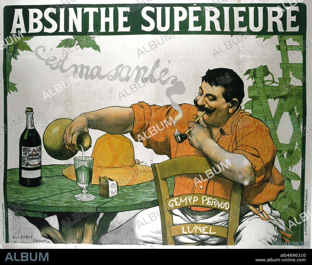 Un homme fume la pipe et se sert un verre d'absinthe "C'est ma sante". Affiche publicitaire pour l'absinthe superieure illustree par LEYDET vers 1910. Credit : Coll. Perrin/KHARBINE-TAPABOR.