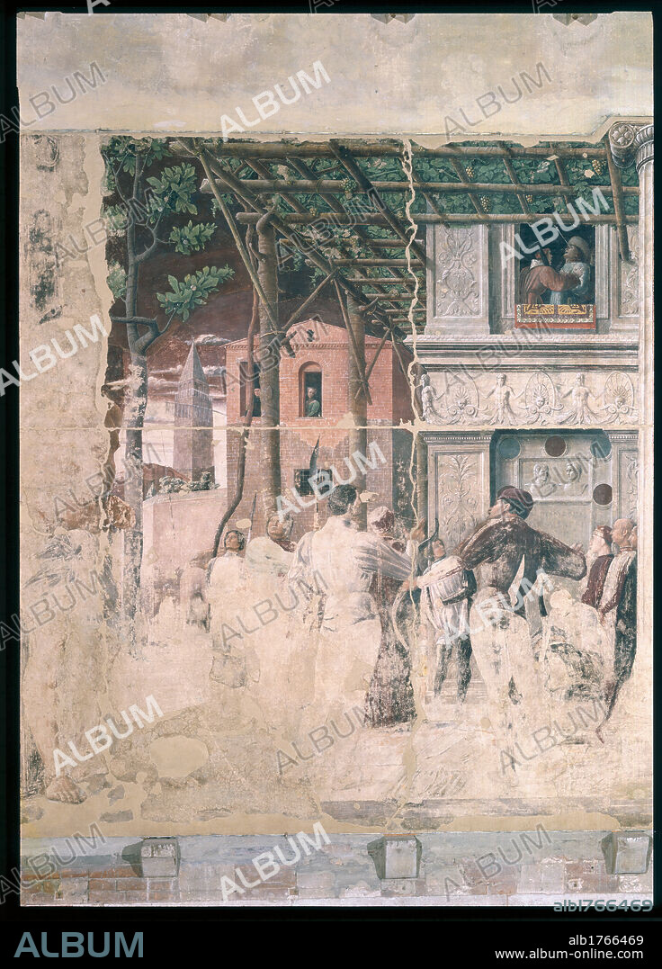 Stories of St James and St Christopher, by Andrea Mantegna, 1454-1457, 15th Century, detached fresco replaced in situ, cm 332. Italy, Veneto, Padua, Eremitani Church, Ovetari Chapel. Detail. The martyrdom of St Christopher body two episodes column gigantic figure of the saint archers darts eye tyrant city beheaded body soldiers figures classical buildings.