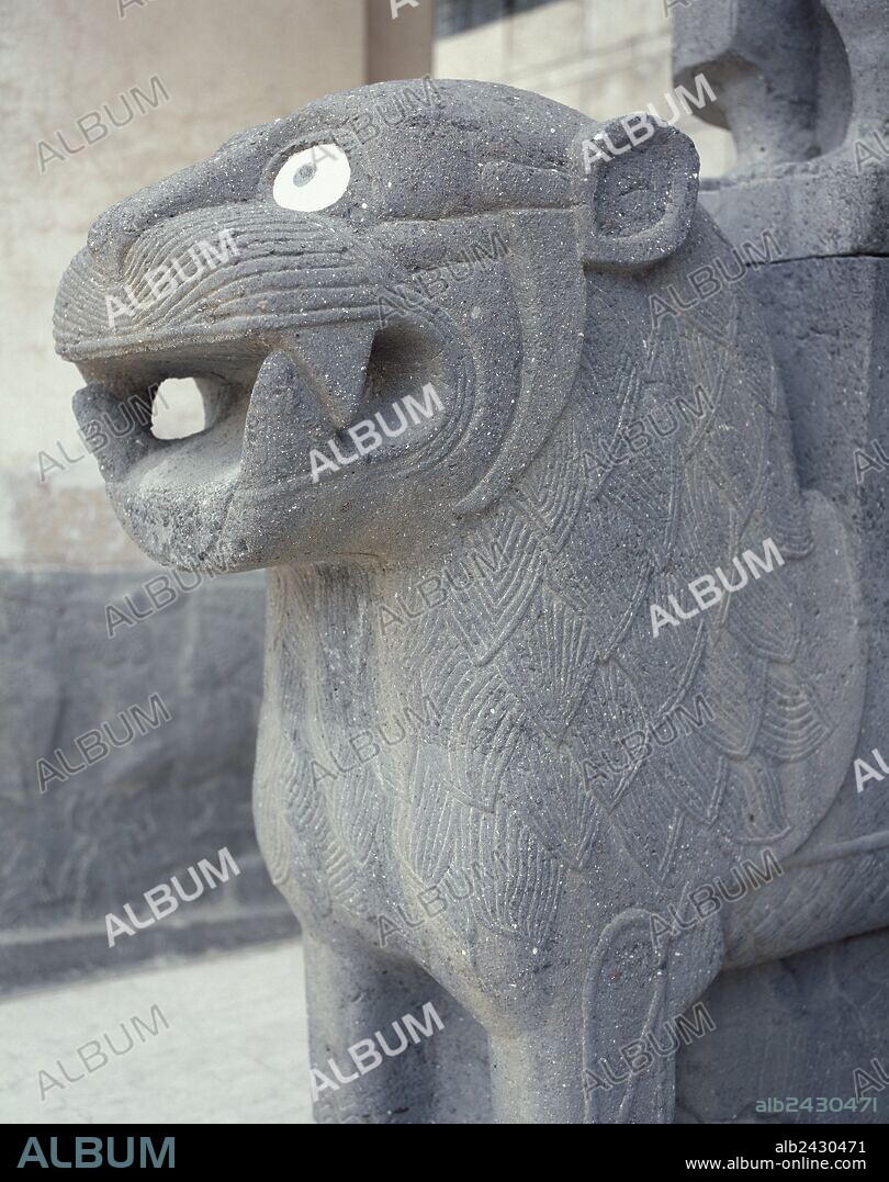 Eastern Mediterranean Civilizations. Syria. Halaf Culture (6100-5100 BC). Iron Age. Neo-Hittite Settlement of Tell Halaf. Sculpture depicting a head of a lion which guarded the Tell Halaf Temple. Entrance of The National Museum of Aleppo. (Photo taken before the Syrian Civil War).