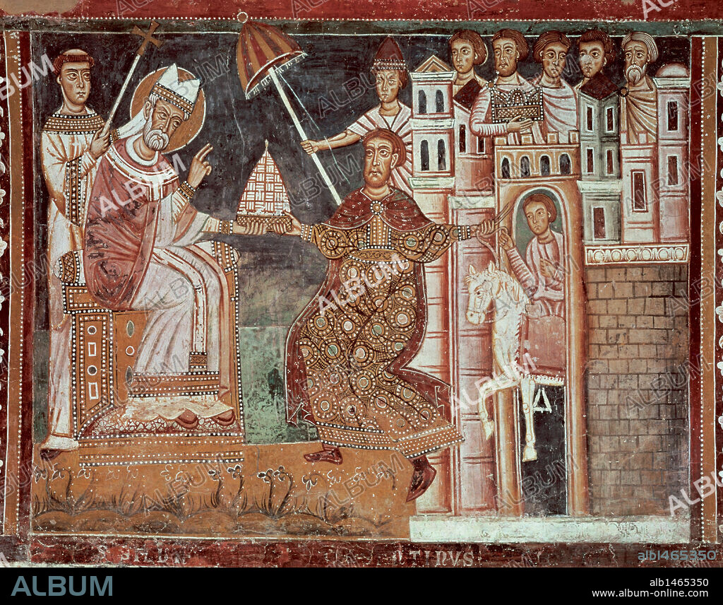 CONSTANTINO I 'EL GRANDE' (Cayo Flavio Valerio Constantino) (285-337). Emperador romano. S. III-IV. "DONACION DE CONSTANTINO". El emperador hace donación de la ciudad de Roma al Papa Silvestre I. Fresco del S. XIII. Capilla de San Silvestre, Basílica de Santi Quattro Coronati (Cuatro Santos Coronados). Roma. Italia.