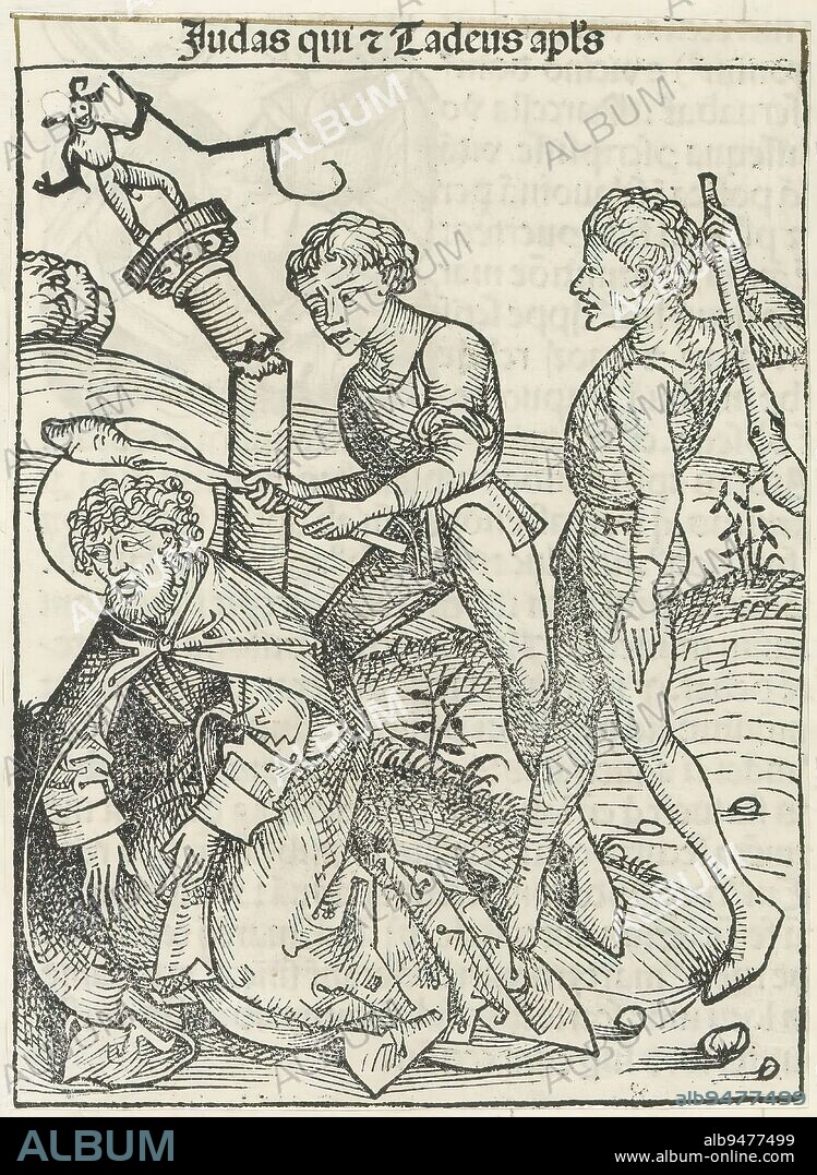 Martyrdom of Judas Taddeus, Judas qui et Tadeus apostolus (title on object), Liber Chronicarum (series title), The apostle Judas Taddeus is beaten to death with a club. On the left, a pillar with a devil on it breaks. The print is part of an album., print maker: Michel Wolgemut, (workshop of), print maker: Wilhelm Pleydenwurff, (workshop of), Neurenberg, 1493, paper, letterpress printing, height 147 mm × width 109 mm.