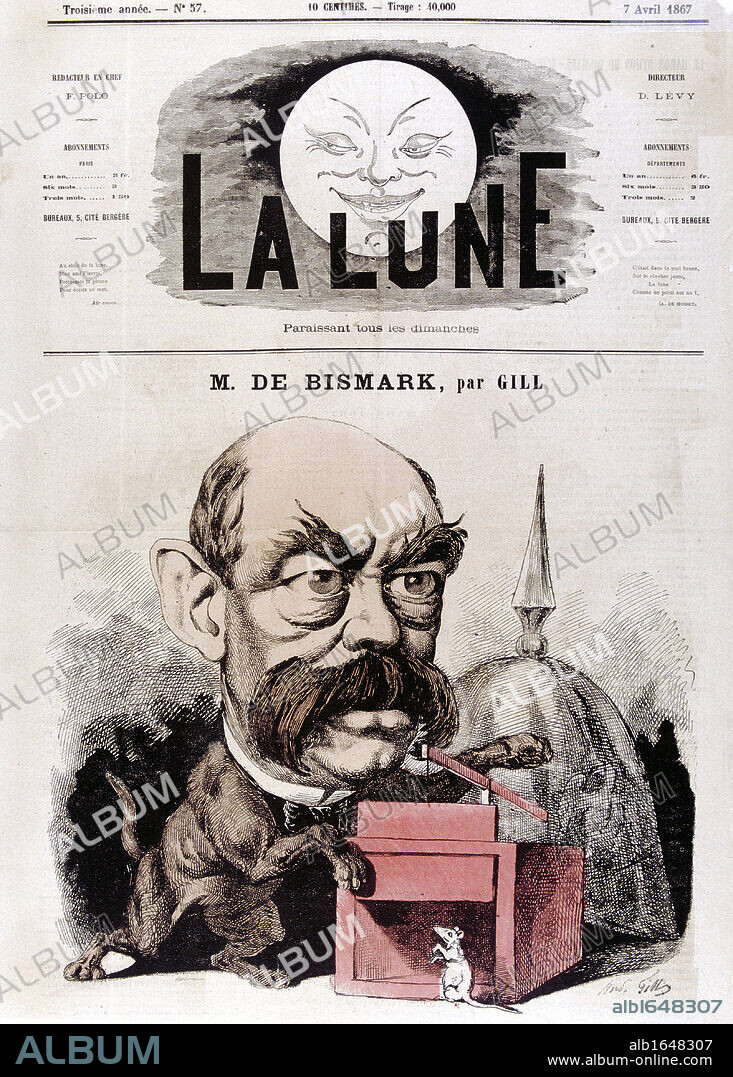 Otto von Bismarck (1815-1904) Prussian (German) statesman. Chancellor of new German empire 1866-1890. Gill cartoon published in La Lune Paris 1867 showing Bismarck as cat with mousetrap. Coloured engraving.