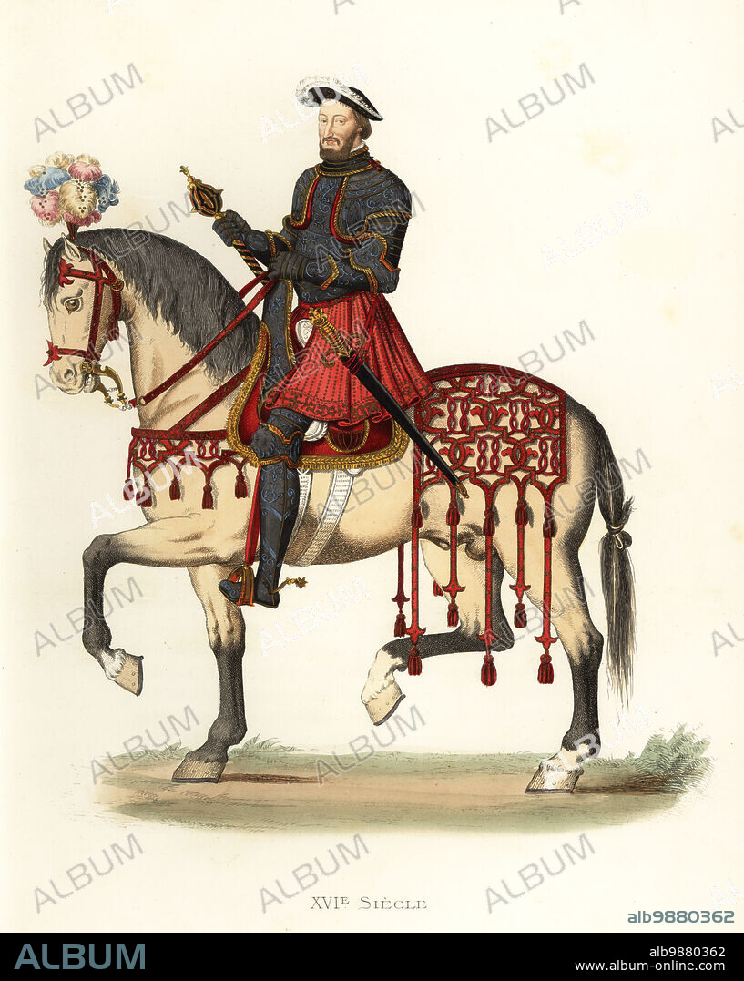 Portrait of King Francis I of France, 1494-1547. In a suit of black armour decorated in gold and silver, red skirt, holding a mace and the reins. Horse in plumes and caparison. Le Roi Francois Ier. Handcolored lithograph after an illustration by Edmond Lechevallier-Chevignard from Georges Duplessis's Costumes historiques des XVIe, XVIIe et XVIIIe siecles (Historical costumes of the 16th, 17th and 18th centuries), Paris, 1867. Edmond Lechevallier-Chevignard was an artist, book illustrator, and interior designer.