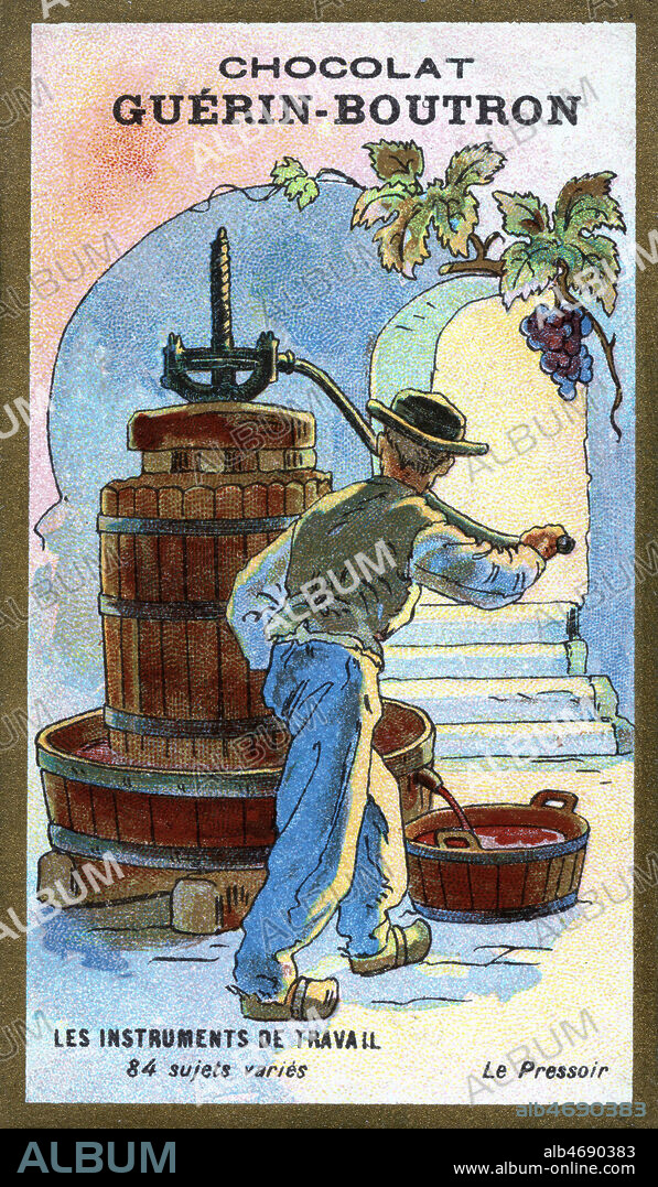 'Le Pressoir'. Chromo publicitaire Guerin-Boutron vers 1905, serie intitulee 'Les instruments de travail'. Illustration anonyme. Credit : Collection KHARBINE-TAPABOR.