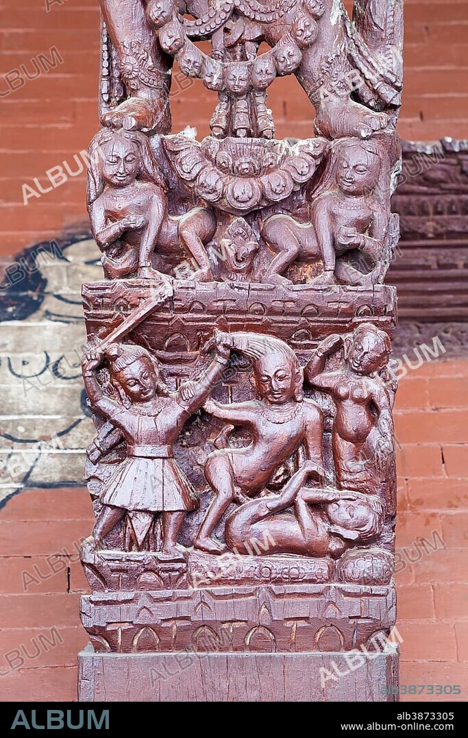 Erotic wood carvings at Bachhareshwari temple, Pashupatinath temple complex, Kathmandu, Nepal, Asia.