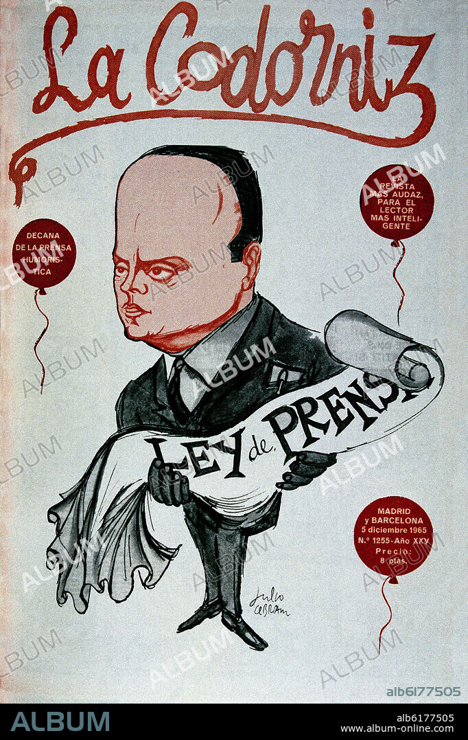 PORTADA DE LA REVISTA SATIRICA LA CODORNIZ DEL 5 DE DICIEMBRE DE 1965 A PROPOSITO DE LA NUEVA LEY DE PRENSA.