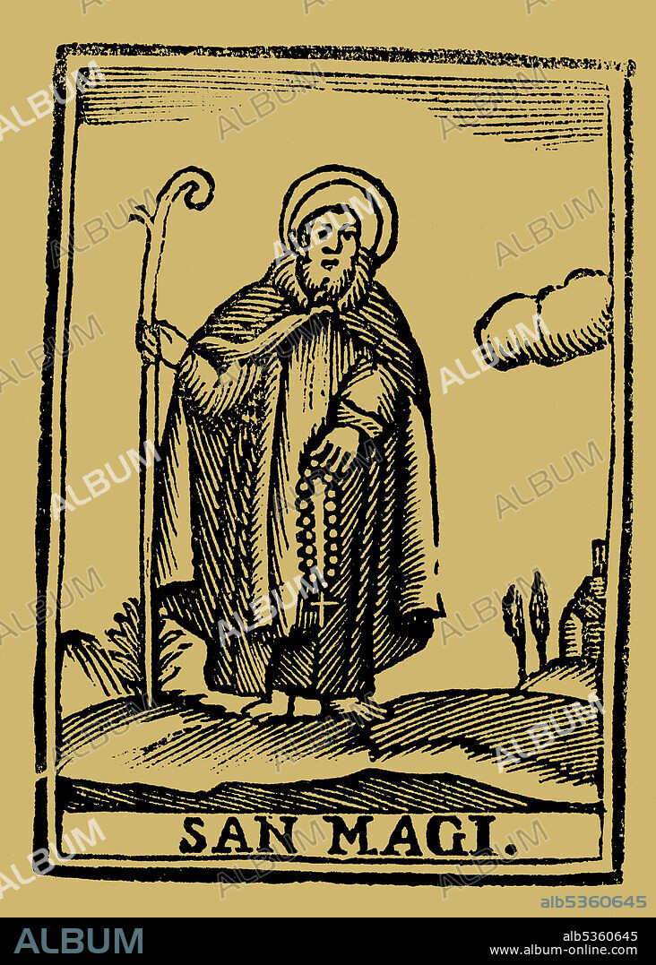 San Magín (siglo III-306), ermitaño martirizado por los romanos. Grabado popular del siglo XIX.