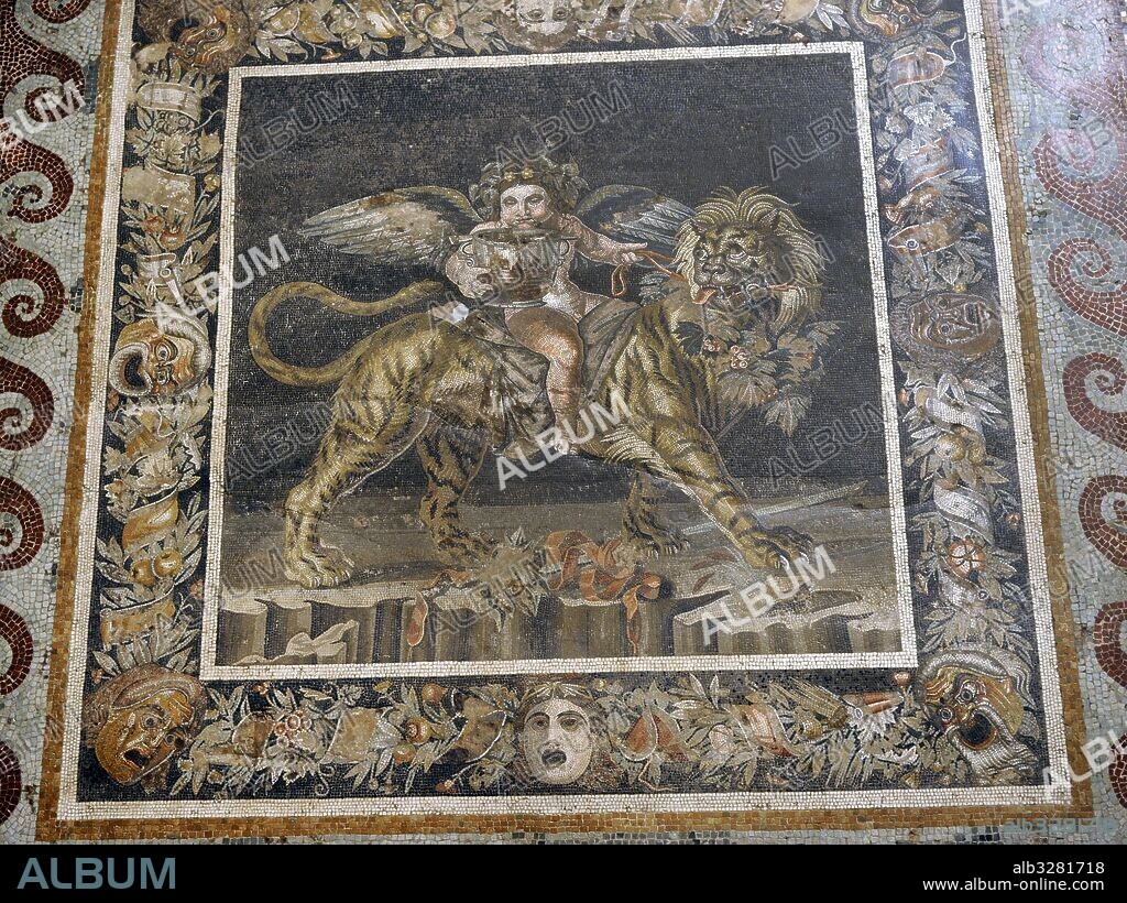 Roman mosaic. Young Dionysos riding a tiger. Pompeii, House of the Faun (VI, 12, 2). 2nd century BC. National Archaeological Museum, Naples. Italy.