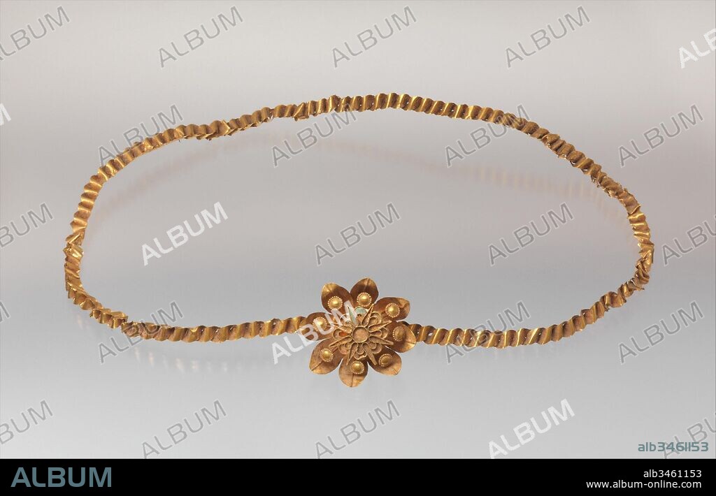 Diadem, Late Period-Ptolemaic Period, 4th–2nd century B.C., From Egypt, Gold, glass, carnelian, L. 46 × H. (rosette) 3 cm (18 1/8 × 1 3/16 in.), The chain is formed from two interfolded strips of gold. Traces reveal the three-dimensional flower had red and blue inlay. Ttraces of turquoise glass can be observed in the narrrow pointed sepals and the edging of the background petals.