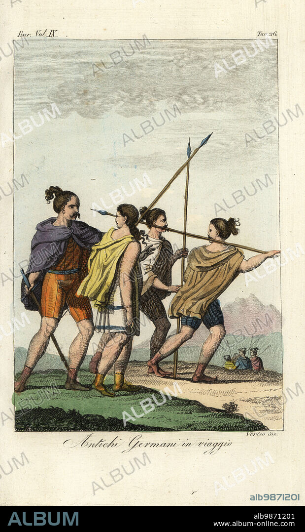 Costume of ancient Germanic peoples on a journey. They wear short capes and tunics and carry spears and swords. After Philipp Cluvers Germania Antiqua. Antichi Germani in viaggio. Handcoloured copperplate engraving by Verico from Giulio Ferrarios Costumes Ancient and Modern of the Peoples of the World, Il Costume Antico e Moderno, Florence, 1837.