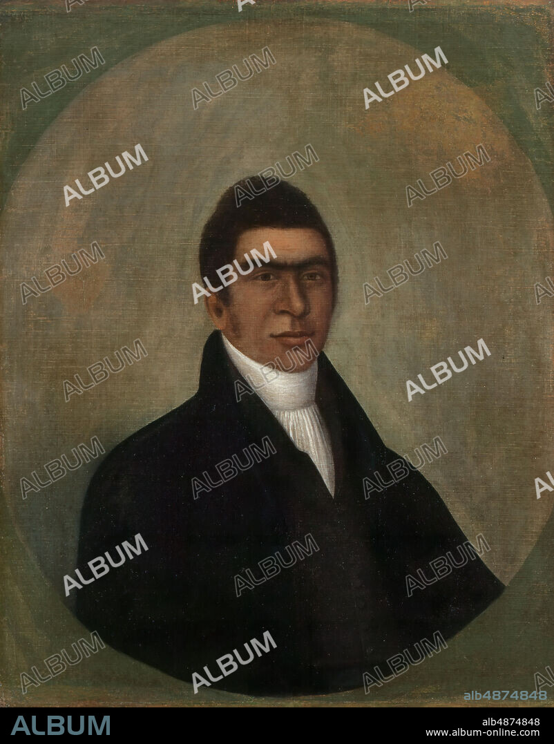Joshua Johnson, Portrait of a Man (Abner Coker), ca. 1805-1810, oil on canvas, 27 7/8 in. x 22 in. (70.8 cm x 55.88 cm), Joshua Johnson (occasionally spelled Johnston) is one of the earliest identifiable African American artists. This portrait is one of Johnson's few recorded images of an African American subject. The identity of the sitter has yet to be confirmed, though clues suggest that it may be Abner Coker, a minister at the Bethel African Methodist Episcopal Church in Baltimore. Johnson's naturalistic style eschewed the theatricality and painterly panache of Gilbert Stuart. Instead he emphasized the details of the sitter's likeness and downplayed the role of color, perhaps to enhance the sobriety and dignity of his subject. Johnson gives his sitter a pleasing, easy expression that dispels the awkwardness of a formal portrait sitting. The resulting portrait suggests a man who is self-confident and pleasantly urbane.