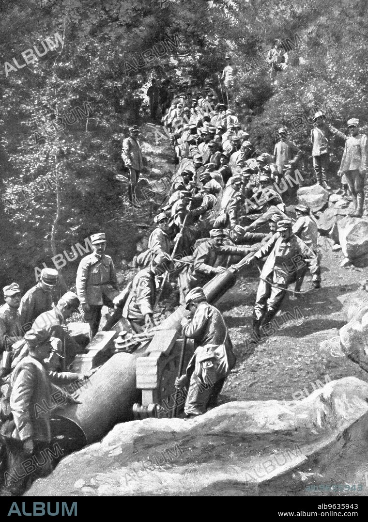 ROBERT VAUCHER. ''Les difficultes de la guetre en Montagne; une grosse piece halee a bras par 600 hommes', 1915. From "L'Album de la Guerre 1914-1919: Volume I" [L'Illustration, Paris, 1926].