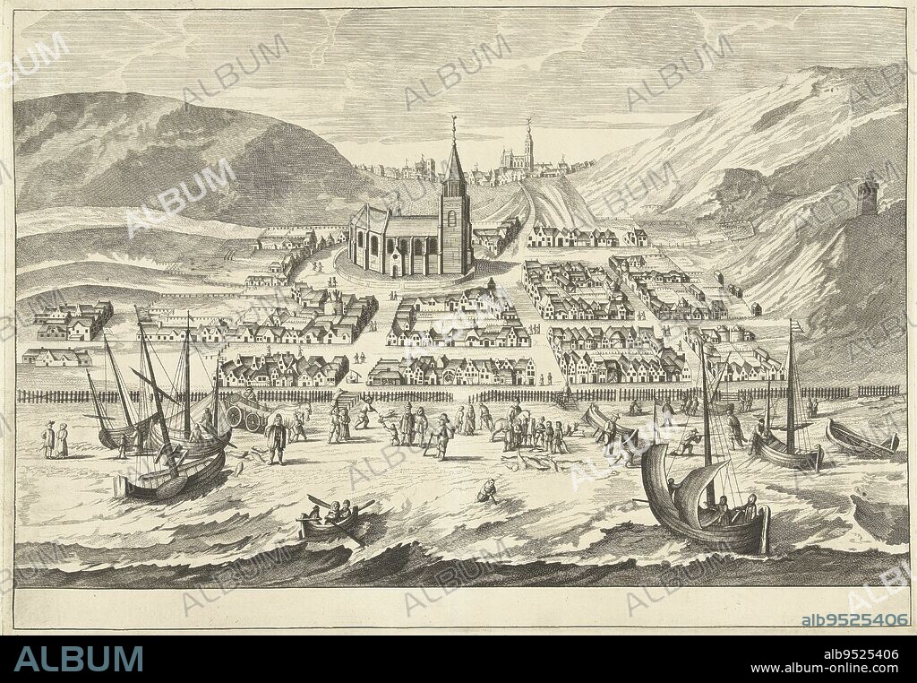 View of the village of Scheveningen before it was hit by a storm surge on All Saints' Day, 1 November 1570. 128 houses were destroyed and three people drowned. In the foreground the sea and the beach. Behind the village, situated between the dunes, with the church in the middle. In the background The Hague. With a four-line caption in Dutch, View of Scheveningen before the All Saints' Flood of 1570., print maker: anonymous, intermediary draughtsman: Gerrit van Giessen, The Hague, in or before 1730, paper, etching, h 362 mm × w 512 mm.
