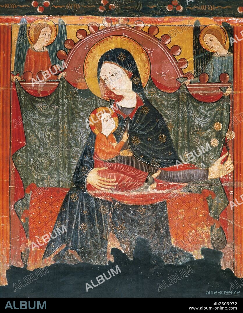 ARTE GOTICO. ESPAÑA. FRONTAL DE LA VIRGEN MARIA "MARE DE DEU". Pintura al temple sobre madera (102 cm x 220 cm). Anónimo procedente de Bellver de la Cerdanya (?). Zona pirenáica. Finales siglo XIV. Representación de LA VIRGEN MARIA CON EL NIÑO JESUS EN BRAZOS (detalle central del frontal). Museu Episcopal de Vic. Provincia de Barcelona. Comarca de Osona. Cataluña.