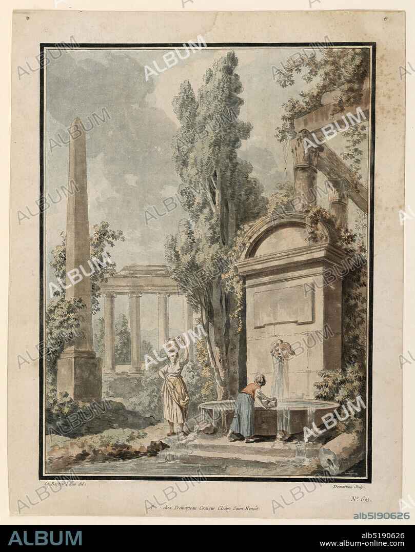 Composition of Roman Ruins, Jean-Jacques-François Le Barbier, French, 1738 1826, Gilles-Antoine Demarteau, 1750 1802, Color aquatint on laid paper, Two women at the fountain of Forum at right. Behind it ruins of a temple. At right, ab obelisk, in mid-distance, views of another t emple., France, 17761788, Print, Print.