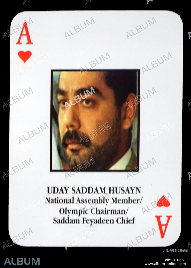 Most-wanted Iraqi playing cards - Uday Saddam Husayn (National Assembly Member/Olympic Chairman/ Saddam Feyadeen Chief). The U.S. military developed a set of playing cards to help troop identify the most-wanted members of President Saddam Hussein's government during the 2003 invasion of Iraq.