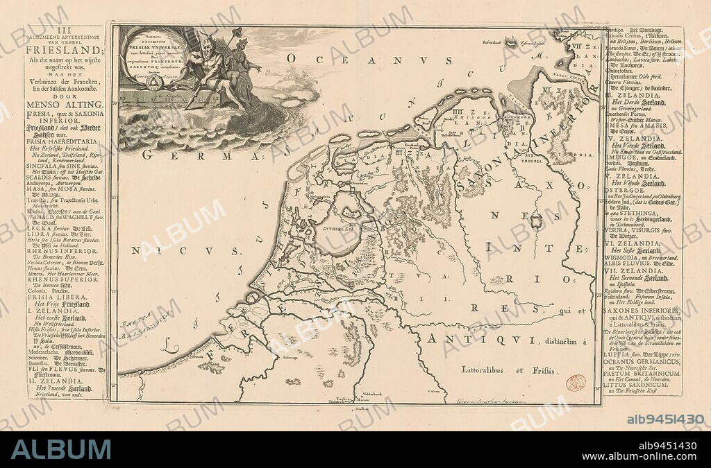 Historical map of the Netherlands with the territories of the Batavians and Frisians, Summaria descriptio Fresiae universae (...) / Algemeene afteekeninge van geheel Friesland (...) (title on object), Map of the Batavian and Frisian territories in the Netherlands and Germany in Roman times. Top left cartouche with title. Next to the title is a male figure wearing a crown with two horns, in one hand he carries a captain's staff, in his other hand a lance on which hangs the liberty hat. In the background is a woman holding a sheaf of corn (possibly Ceres). Scale stick below cartouche: As gradus. On the left and right edges a degree division. To the left and right of the print strips of letterpress text with Dutch translation of the title (upper left) and terms used on the map., print maker: Gerrit de Broen (I), (mentioned on object), Menso Alting, (mentioned on object), Amsterdam, 1697 - 1700 and/or 1718 and/or 1725, paper, engraving, etching, letterpress printing, height 326 mm × width 421 mm, height 326 mm × width 549 mm.