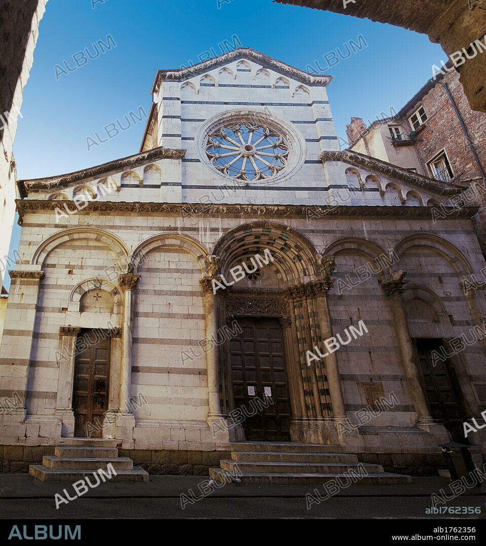 San Cristoforo Church, by Unknown Artist, 1280 post, 12th Century,. Italy, Tuscany, Lucca, San Cristoforo church. All. Two tone marble projecting facade blind arcading central doorway architrave reliefs embrasure doorways with jambs rose window.