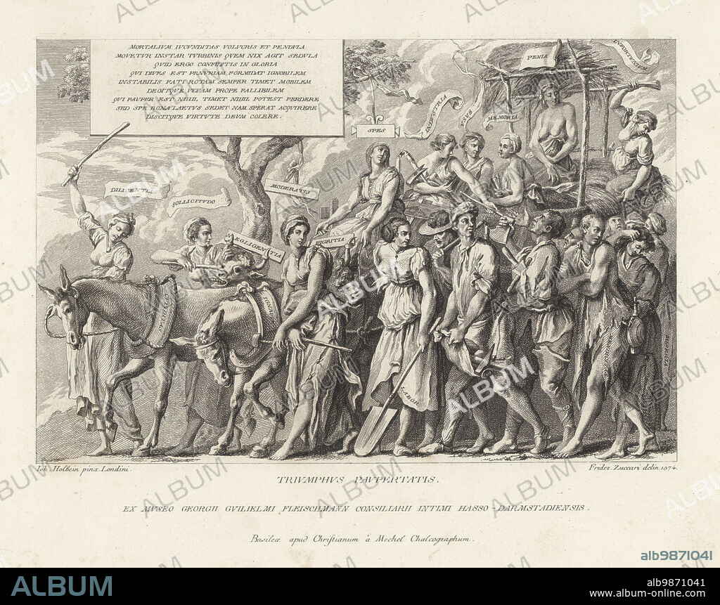 Triumph of Poverty. Female allegorical figures of Industry, Memory, Penia (poverty), Hope ride a hay wagon drawn by bulls and mules, handing out weapons and tools to Labor, Misery, Beggary, etc. Triumphus Paupertatis. Copperplate engraving by Christian Mechel after a sketch by Federico Zuccari after Hans Holbein's painting in Christian von Mechel's Oeuvre de Jean Holbein, Chez Guillaume Haas, Basel, 1790.