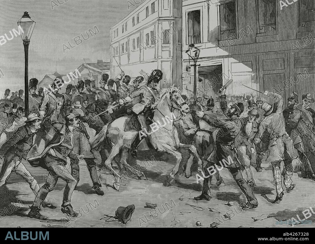 Limerick (Irlanda). Agitación agraria. Tropas de los dragones británicos sofocando el túmulto excitado por la"Land League", el 17 de octubre de 1881. Grabado. La Ilustración Española y Americana,8 de noviembre de 1881.