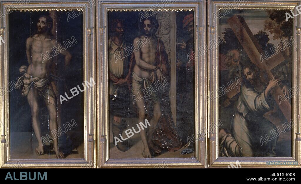 LUIS DE MORALES 1510/1586 EL DIVINO MORALES. DETALLE DEL RETABLO RENACENTISTA - CRISTO ATADO A LA COLUMNA, CAMINO CALVARIO PORTANDO LA CRUZ - SIGLO XVI.