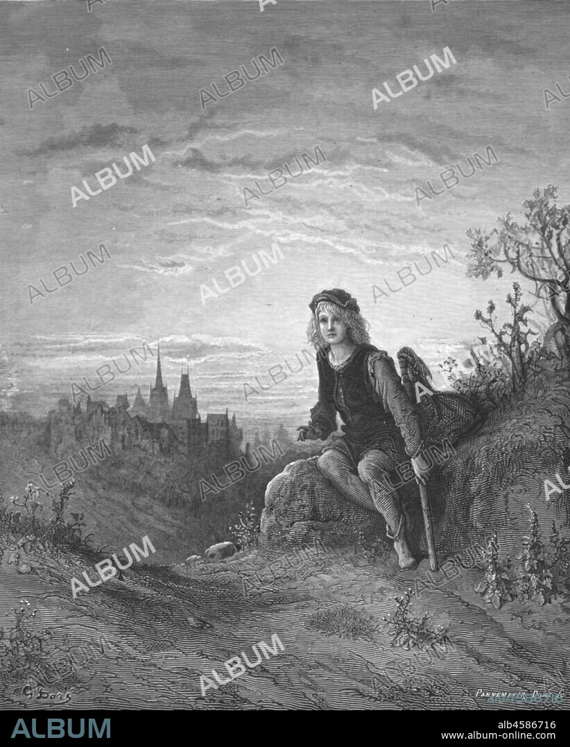 PANNEMAKER. 'Whittington at Highgate', 1872. Dick Whittington hears the sound of Bow bells,  promising he would be London Mayor of London from Highgate Hill. From, "LONDON. A Pilgrimage" by Gustave Dore and Blanchard Jerrold. [Grant and Co., 72-78, Turnmill Street, E.C., 1872].