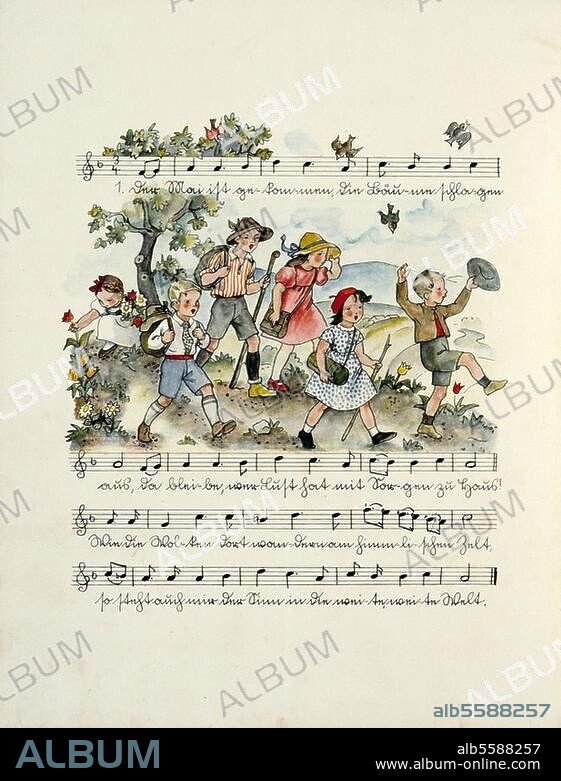 Musik / Gesang / Volkslied:. "Der Mai ist gekommen, die Bäume schlagen aus (..) ". (Text: Emanuel Geibel, Musik: J.W.Lyra). Text- u. Notendruck mit Illustration von Elisabeth Hasse. Aus: Deutsche Kinderlieder, Meersburg u. Leipzig (F.W.Hendel-Verlag) o. J. (um 1935/40).