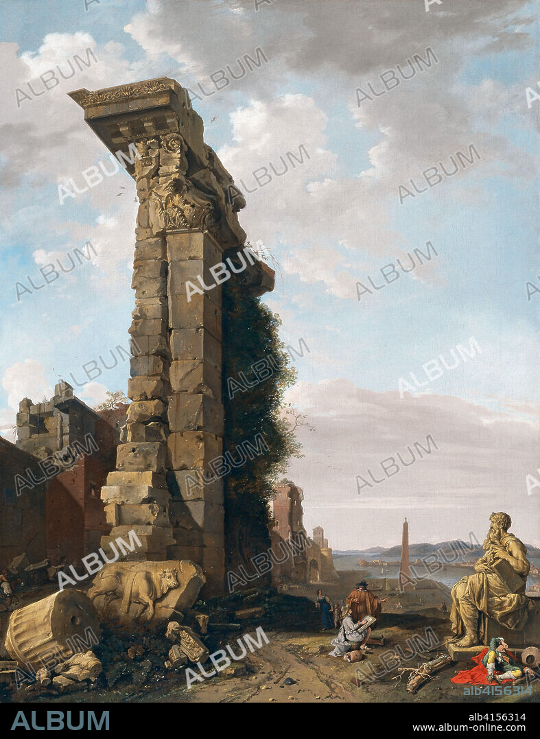 Bartholomeus Breenbergh (Deventer, 1598-Amsterdam, 1657). Vista idealizada con ruinas romanas esculturas y un puerto (1650). Óleo sobre lienzo. 115,6 x 88,7 cm.