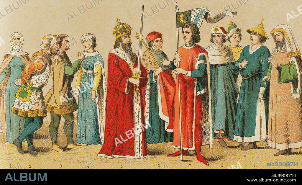 History of Germany. Middle Ages. 1400-1450. From left to right, 1: lady, 2-3: noblemen, 4: lady, 5: Emperor Sigismund, 6: ecclesiastical Elector, 7: Duke of Bavaria, 8-9: university costumes, 10-11: Jews. Chromolithography. "Historia Universal", by César Cantú. Volume VII, 1881.