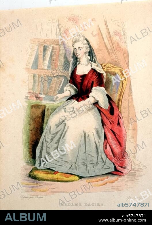 Dacier, Anne, née Lefebre, épouse. (André) Dacier; philologue française. Saumur mars 1654 - Paris 17.8.1720. "MADAME DACIER". Gravure sur cuivre, coloriée, d'Amédée Félix Barthélémy Geille (1802-1843). d'ap. un dessin de Rogier. Paris, coll. particulière.