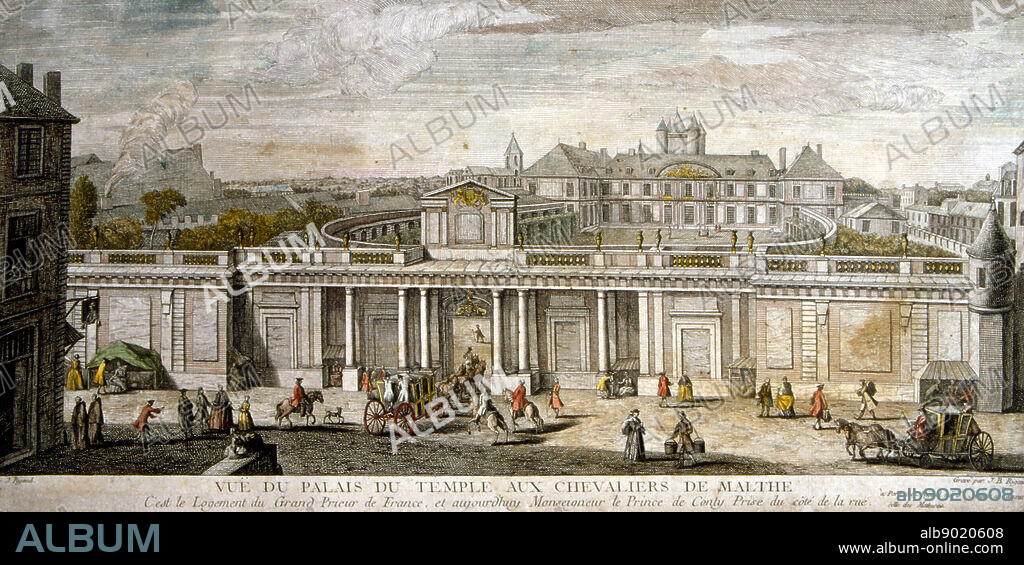 The Temple area, Paris, France; 1750. The Square du Temple occupies the site of a medieval fortress in Paris, built by the Knights Templar. Parts of the fortress were later used as a prison during the French Revolution, and then demolished by the mid 19th century.