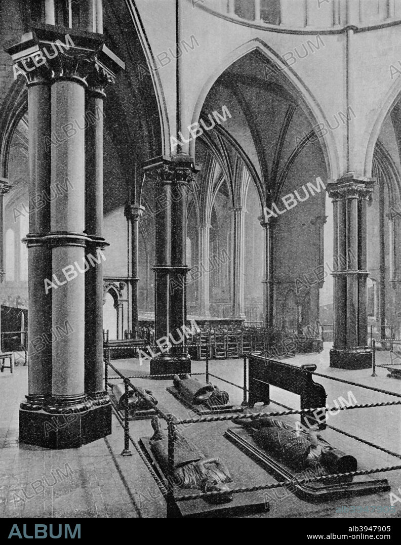 Interior of the Temple Church, City of London, c1905 (1906). The Temple Church is a late 12th century church in the City of London located between Fleet Street and the River Thames, built by the Knights Templar as their English headquarters. During the reign of King John (1199-1216) it served as the royal treasury, supported by the role of the Knights Templars as proto-international bankers. It is jointly owned by the Inner Temple and Middle Temple Inns of Court, bases of the English legal profession. It is notable for being a round church, a common feature of Knights Templar churches, and for its 13th and 14th century stone effigies. From Medieval London, Vol. II - Ecclesiastical by Sir Walter Besant. [Adam & Charles Black, London, 1906].