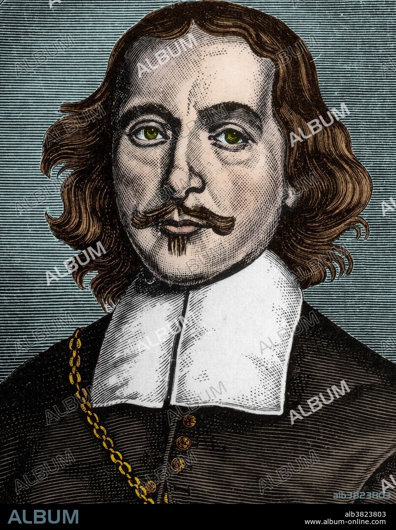 Otto von Guericke (November 30, 1602 - May 21, 1686) was a German scientist, inventor, and politician. His major scientific achievements were the establishment of the physics of vacuums, the discovery of an experimental method for clearly demonstrating electrostatic repulsion, and his advocacy of the reality of "action at a distance" and of "absolute space". Around 1650 von Guericke invented a vacuum pump consisting of a piston and an air gun cylinder with two-way flaps designed to pull air out of whatever vessel it was connected to, and used it to investigate the properties of the vacuum in many experiments. His scientific concerns may be divided into three areas, to each of which a Book of the Experimenta Nova is dedicated as follows: Book II; the nature of space and the possibility of the void, Book III: the experimental work on the production of vacua, the pressure of air and the Earth's atmosphere, and Book IV: the investigation into cosmic potencies. In 1677 von Guericke, after repeated requests, was reluctantly permitted to step down from his civic responsibilities. He died peacefully in his sleep in 1686 at the age of 83. This image has been color enhanced.