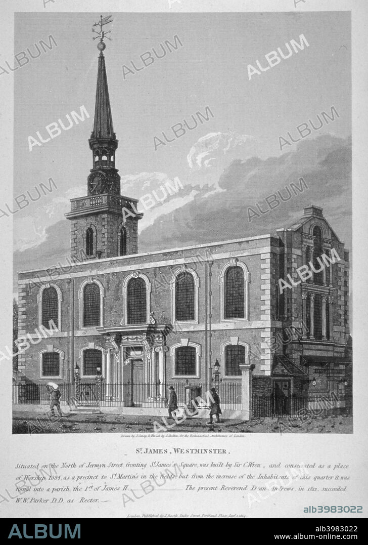 View of St James's Church, Piccadilly from Jermyn Street, London, 1814.