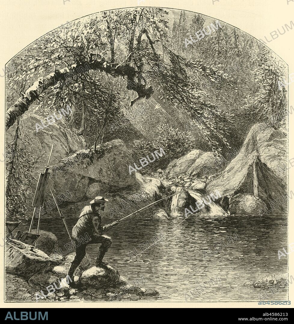 'Emerald Pool, Peabody-River Glen', 1872. An artist takes a break from painting to fish in a river in the White Mountains, New Hampshire, USA. This is possibly a self portrait of the English-born American illustrator and engraver Harry Fenn (1845-1911), whose initials appear on the open lid of the paintbox. From "Picturesque America; or, The Land We Live In, A Delineation by Pen and Pencil of the Mountains, Rivers, Lakes...with Illustrations on Steel and Wood by Eminent American Artists" Vol. I, edited by William Cullen Bryant. [D. Appleton and Company, New York, 1872].