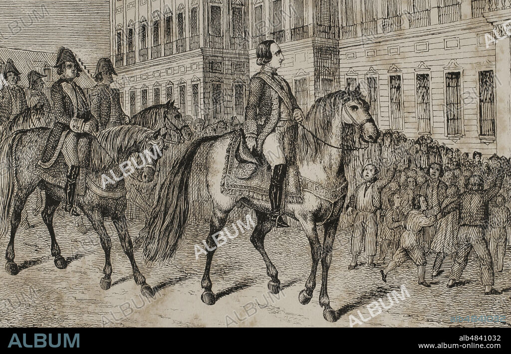 Reinado de Carlos IV de España. En enero de 1807 el rey nombró a Manuel Godoy como Almirante General de España e Indias con el tratamiento de Alteza Serenísima. Entrada de Godoy tras el nombramiento de Almirante. Grabado, detalle. Historia del Levantamiento, Guerra y Revolución de España, por el Conde de Toreno. Madrid,1851.