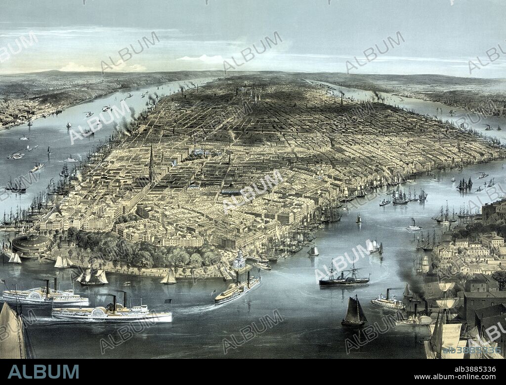 Vintage American History print of a cityscape view of New York City, circa 1850.