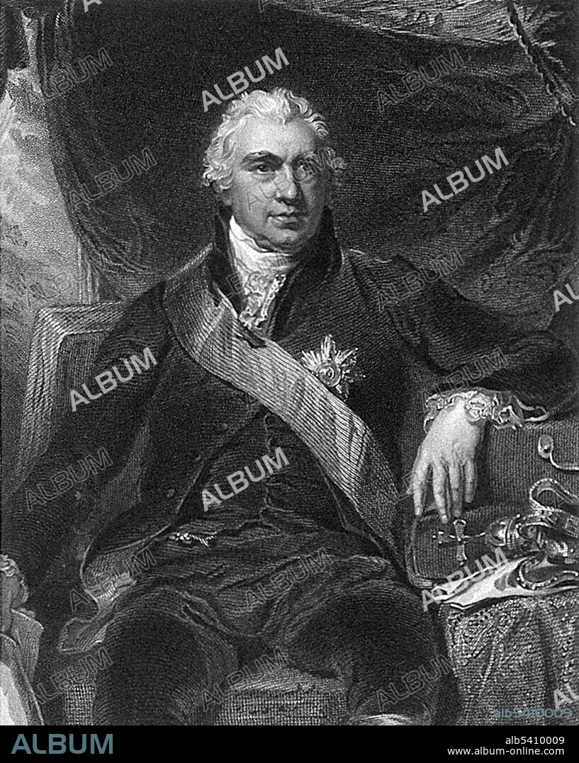 Sir Joseph Banks (February 24, 1743 - June 19, 1820) was an English naturalist and botanist. He took part in Cook's first great voyage (1768-71), visiting Brazil, Tahiti, New Zealand, and Australia. He held the position of President of the Royal Society for over 41 years. He advised King George III on the Royal Botanic Gardens, Kew, and by sending botanists around the world to collect plants, he made Kew the world's leading botanical gardens. He is credited with introducing the eucalyptus, acacia, and the genus named after him, Banksia, to the Western world. In 1805 he lost the use of his legs and had to be wheeled to his meetings in a chair, but his mind remained as vigorous as ever. Engraving by H. Robinson, 1853, after Sir T. Lawrence.