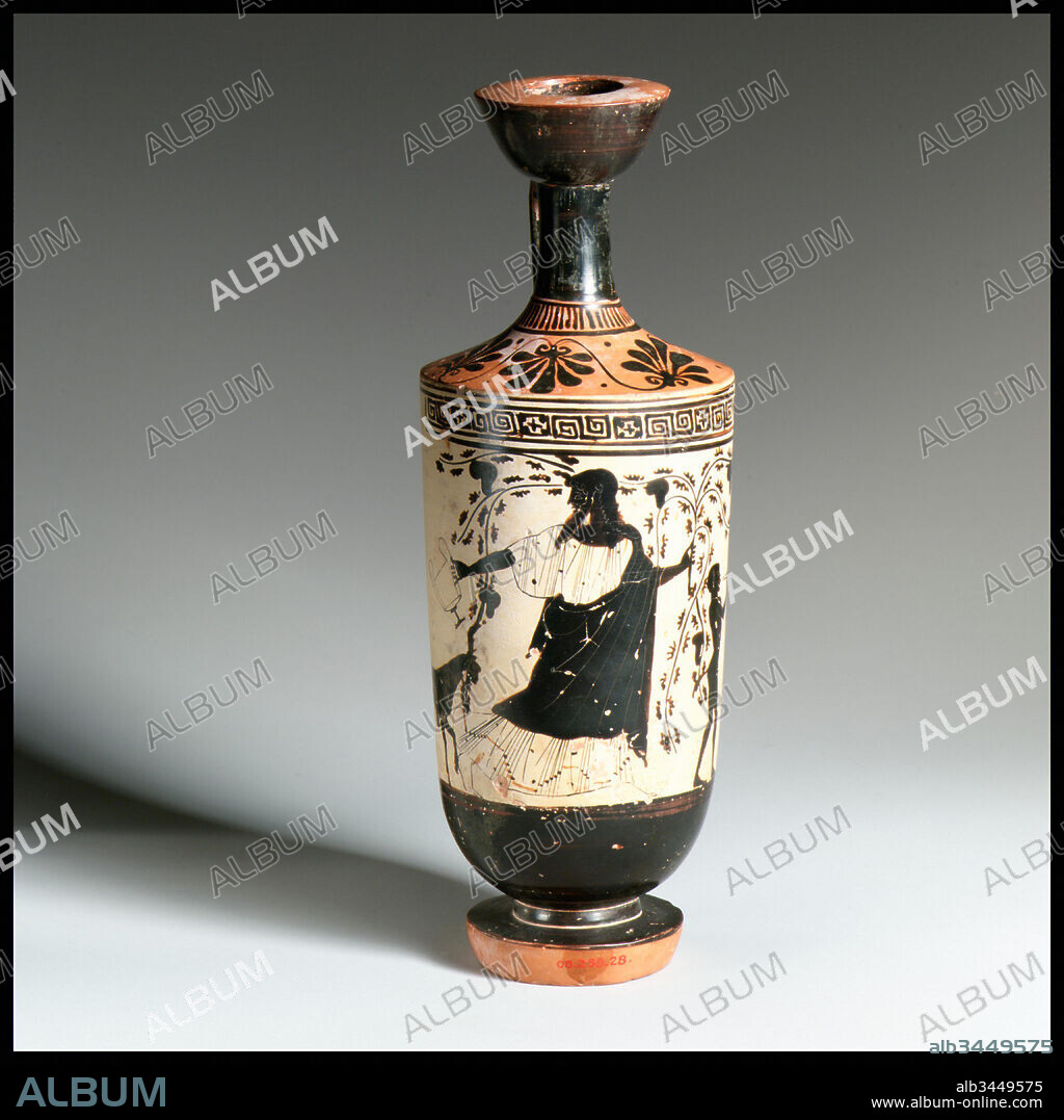 Terracotta lekythos (oil flask), Classical, ca. 480 B.C., Greek, Attic, Terracotta; black-figure, white-ground, 9 5/16 x 3 1/4 in. (23.7 x 8.3 cm), Vases, Dionysos (god of wine) with a satyr and goat. The decoration on the body is executed in a combination of black silhouette and outline drawing on a white ground. Such works, known as semioutline lekythoi, are associated with the workshops of two closely related artists, the Bowdoin Painter and the Athena Painter.