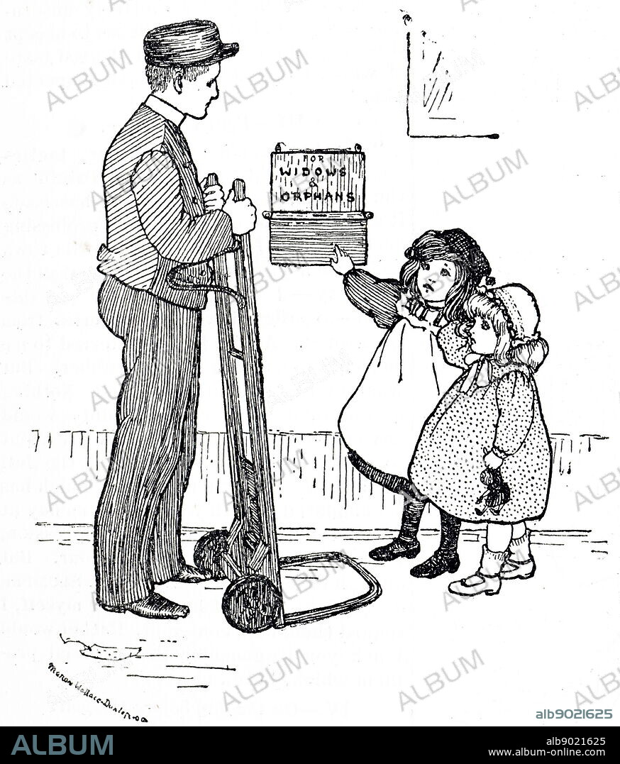 Cartoon depicting orphans begging for a donation from a delivery man. Dated 20th century.
