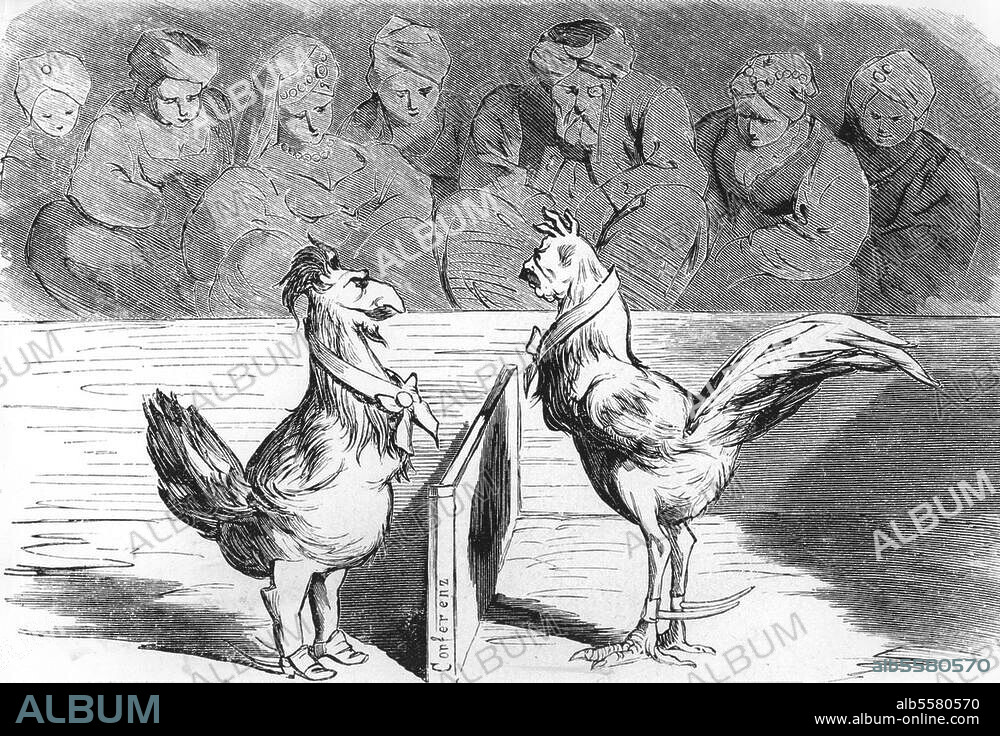 Bismarck, Otto von; Staatsmann; 1815-98. - "Westöstlicher Divan. Die Concurrenz zwischen den beiden Haupt-Hähnen ist bis auf Weiteres aufgeschoben (aufgehoben (???) ". (Karikatur auf Bismarck und Napoleon III. bei der Londoner Konferenz 7.5.1867ff. über die Luxemburger Frage). Holzstich. Aus: Kladderadatsch, 31.3.1867.