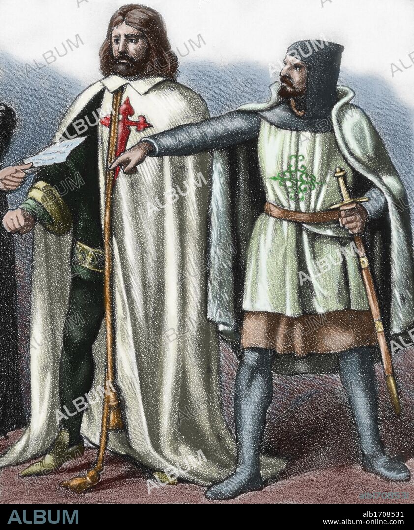 Military Order of  Calatrava, founded in the kingdom of Castile in the 12th century (1158) by Abbot Raymond of Fitero, and Order of Santiago, originating in the 12th century (1175) in the Kingdom of Leo´n with the aim of protecting pilgrims on the Way of St. James and push back the Muslims from the peninsula. 19th Century Engraving. Colored.