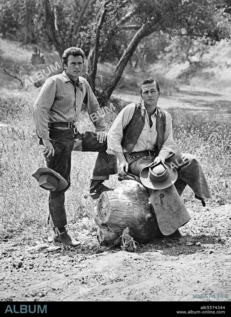 CLINT EASTWOOD and ERIC FLEMING in RAWHIDE, 1959, directed by CHRISTIAN NYBY, HARMON JONES, JESSE HIBBS, TED POST and THOMAS CARR. Copyright M.G.M TELEVISION/CBS TELEVISION.